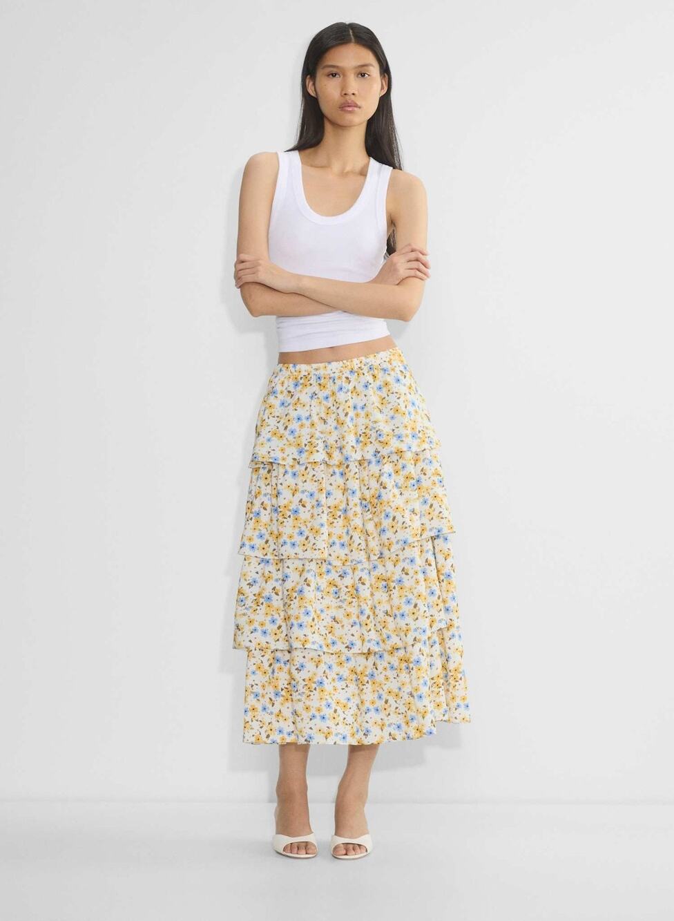 Aritzia Wilfred Volume High Rise Tiered Maxi Lt Birch Yellow Skirt Sz 2XS